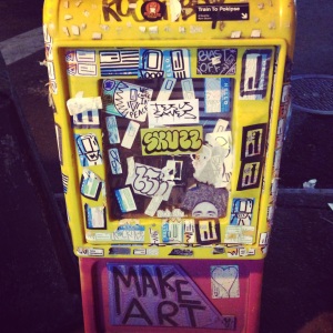 "Make art?" You've got the right idea, old newspaper bin at a random Bushwick gas station. 